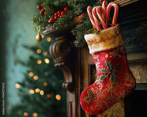 A Christmas stocking hanging from a fireplace mantle, filled with holiday gifts and candy canes photo