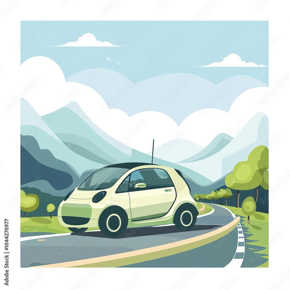 Naklejka premium A cute cartoon Style ofA modern electric car driving on a scenic highway