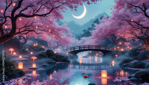 La lune éclaire un pont japonais bordé de cerisiers en fleurs. Leur reflet dans l’eau étincelante ajoute une touche mystique à cette illustration, pleine de quiétude et de délicatesse.