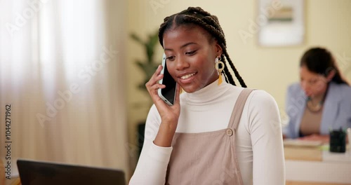 Woman, business and talking in office with phone call, communication or discussion. Estate agent, tech or contact in agency for planning, booking appointment or problem solving advice in conversation photo