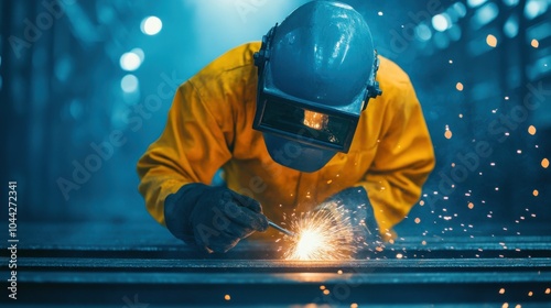 Diver Welding Underwater with Torch on Metal Beam