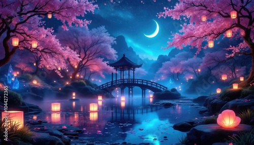 La silhouette d’un pont japonais se détache dans la nuit, baignée par la lueur de la lune. Les cerisiers en fleurs entourent l’eau, où leurs reflets rosés se mêlent aux ombres douces.