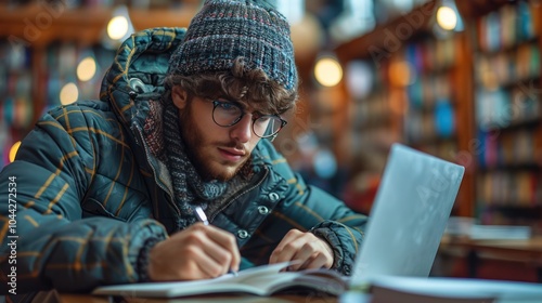 E-Learning Student Taking Notes and Using Laptop for Brighter Future