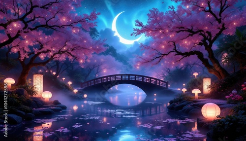 Un pont japonais se dessine sous la lumière douce de la lune, entouré de cerisiers en fleurs. Leurs pétales flottent et se reflètent dans l'eau, créant une atmosphère paisible et sereine.