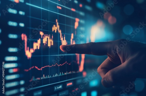 Businessman Pointing at an Upward-Growing Graph with a Stock Market Chart on a Dark Blue Background, Illustrating a Business Growth Concept Through Digital Interaction with Rising Line and Bar Charts.