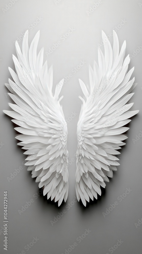 Fototapeta premium White angel wings on a gray background, perfect for creative projects.