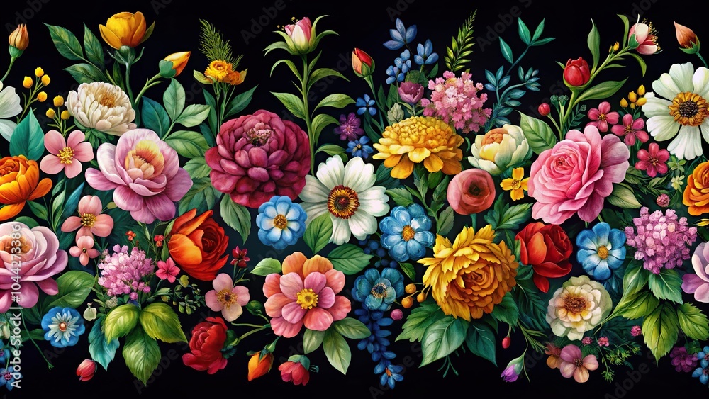 seamless texture of colorful flowers on black background seamless texture of colorful flowers on black background