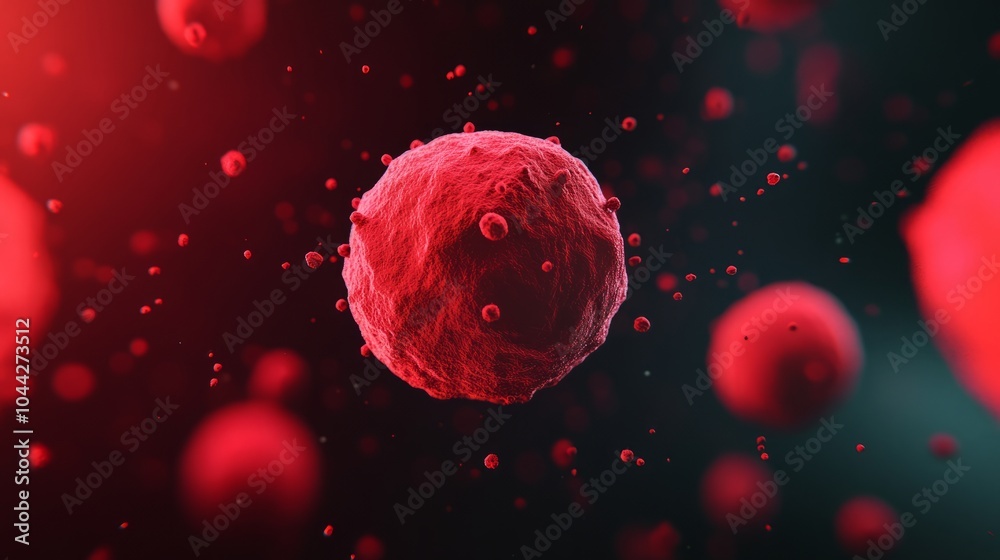 3D rendering of a red virus cell, with several other virus cells in the background. 3D rendering of a red virus cell, with several other virus cells in the background.