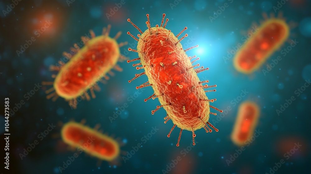 A 3D rendering of bacteria cells, microscopic organisms with a rod shape and spiky surfaces. A 3D rendering of bacteria cells, microscopic organisms with a rod shape and spiky surfaces.