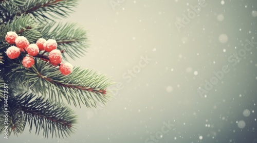 Christmas-Themed Design Featuring Pine Branches in a Simple Flat Style with Green Tones and Red Text on a Beige Background Decorated with White Snowflakes.