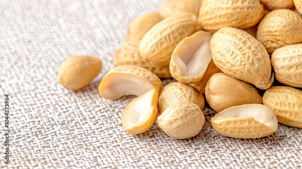 A close-up shot of a pile of peanuts, some with their shells removed, on a linen background. A close-up shot of a pile of peanuts, some with their shells removed, on a linen background.