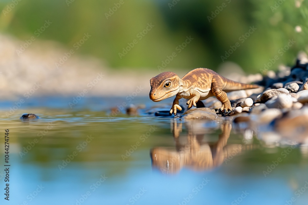 A small dinosaur-like lizard stands on a rock by a stream of water, looking down at its reflection. A small dinosaur-like lizard stands on a rock by a stream of water, looking down at its reflection.