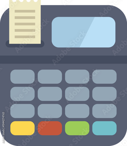 Electronic cash register with buttons and display printing a receipt for a payment transaction