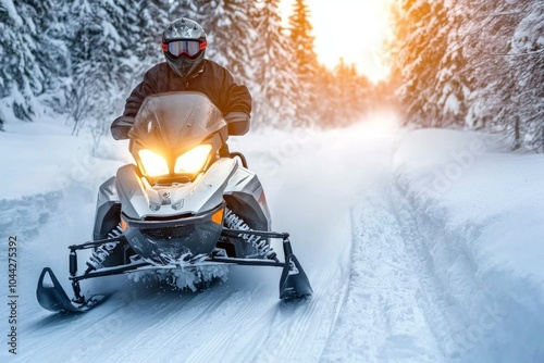 A man is riding a snowmobile in the snow