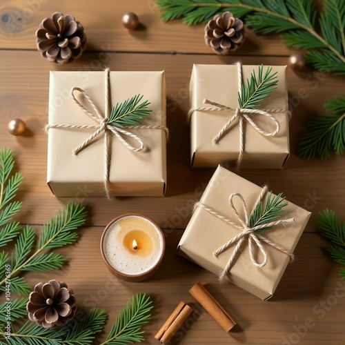 3 small eco-friendly gifts placed on wooden table, wrapped in brown paper, tied with twine, surrounded by pine cones cinnamon sticks lit candle spruce branches, natural rustic aesthetic, top view. photo