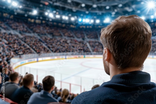 A man is watching a hockey game with a crowd of people