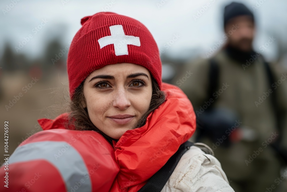 A woman wearing a red hat with a cross on it