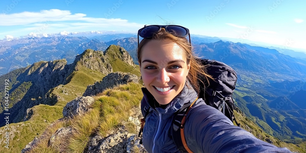 young woman takes a selfie while on a hike in nature young woman takes a selfie while on a hike in nature