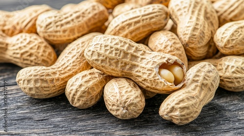 Close-up of peanuts in their shells, one cracked open revealing the nut inside.