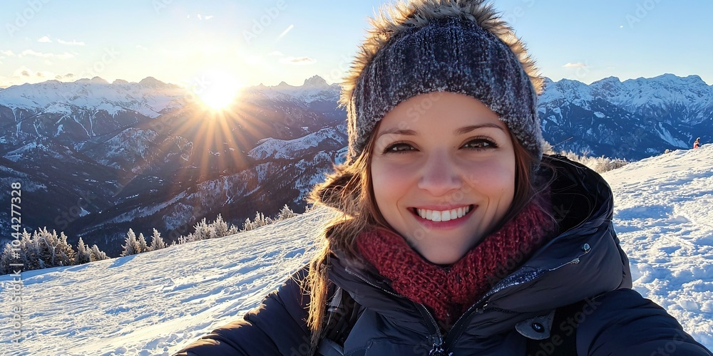 young woman takes a selfie while on a hike on the snowy mountains young woman takes a selfie while on a hike on the snowy mountains