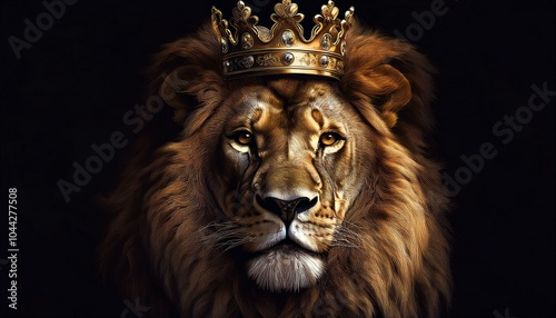 lion head with golden king crown on black background
