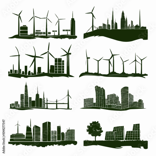 Six green cityscapes with windmills, solar panels and trees in a renewable energy concept.