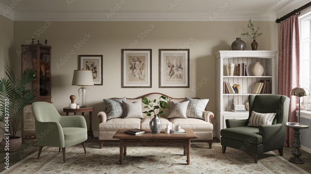 Fototapeta premium Classic Vintage A classic living room with a white sofa, two green armchairs, a coffee table, a bookcase, a side table, and three framed botanical prints on the wall.