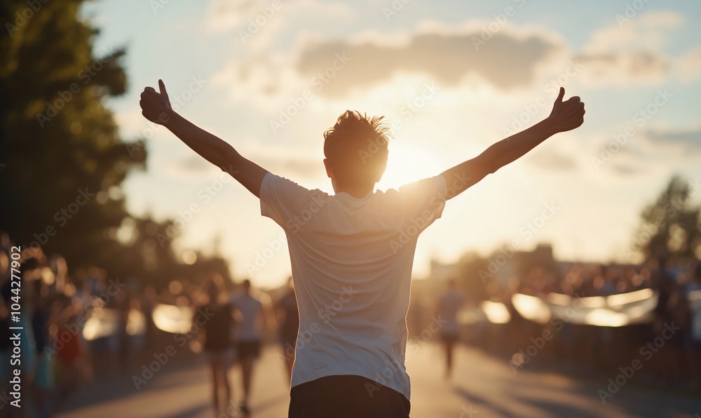 A young man running towards the sunset with his arms raised in victory, after completing a race, with a crowd of supporters behind him. A young man running towards the sunset with his arms raised in victory, after completing a race, with a crowd of supporters behind him.