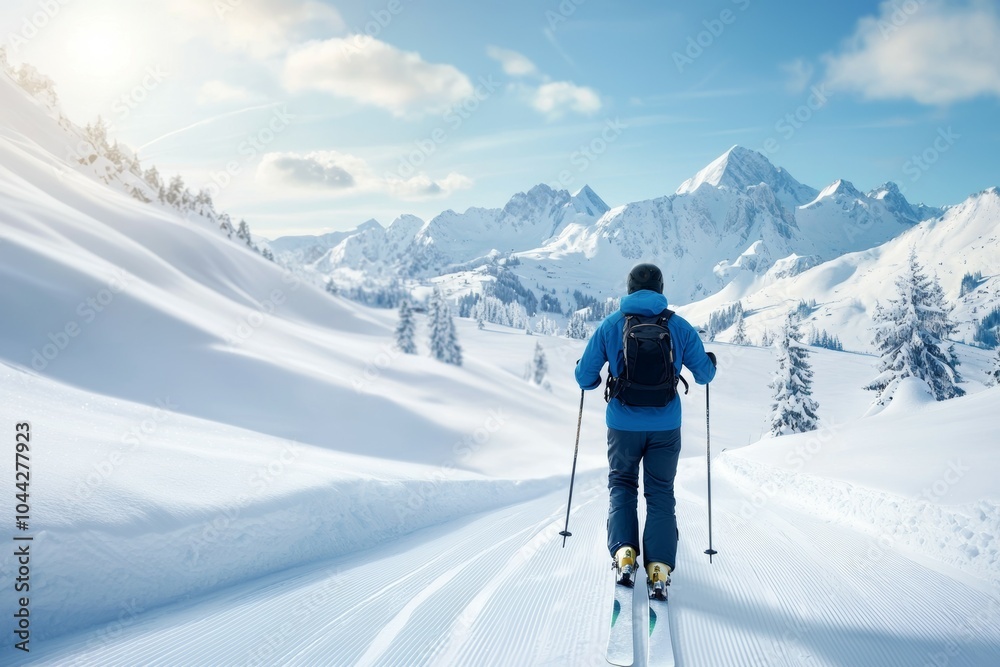 A man is skiing down a snow-covered slope with a backpack on his back A man is skiing down a snow-covered slope with a backpack on his back
