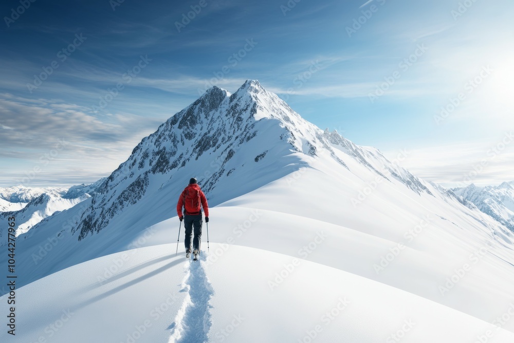 A man in a red jacket is walking on a snowy mountain A man in a red jacket is walking on a snowy mountain