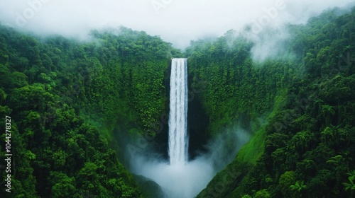 Majestic Waterfall in Misty Rainforest