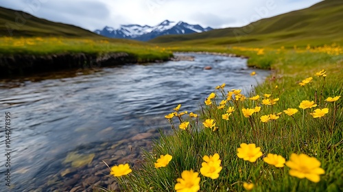 A peaceful landscape of a river winding through a valley with blooming flowers and a distant view of snowy mountains photographed with a Sony A90 and 600mm lens. photo