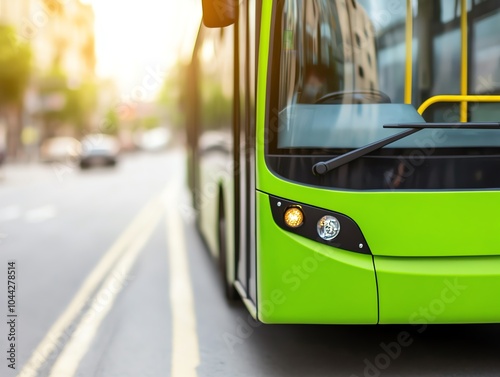 Close-up view of a modern green bus on an urban street, showcasing its sleek design and eco-friendly features.