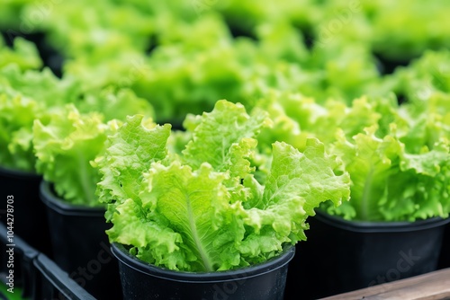 Fresh green lettuce in pots, ready for planting or harvesting. Ideal for garden or agricultural themes in photography.