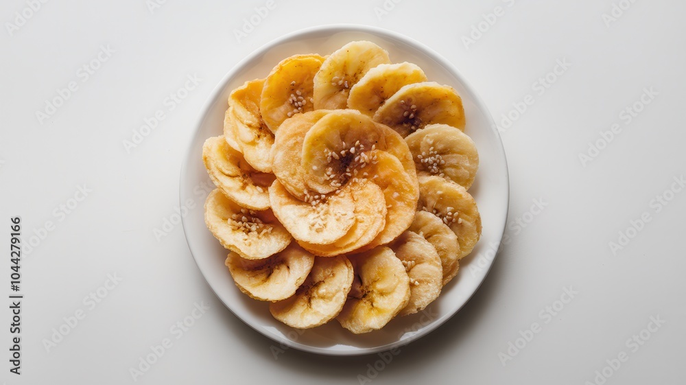 Plate of fried banana slices dusted with sugar Plate of fried banana slices dusted with sugar