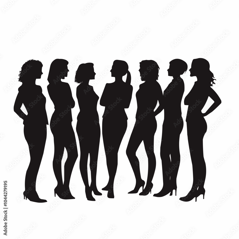 Silhouette of a group of six women standing together in a circle, talking and laughing. Silhouette of a group of six women standing together in a circle, talking and laughing.