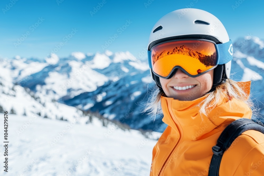 A woman in a bright orange jacket is smiling A woman in a bright orange jacket is smiling