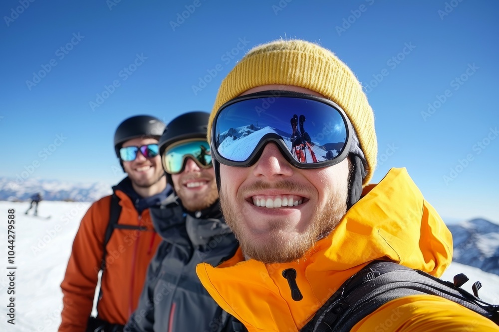 Three men are smiling and wearing goggles and hats Three men are smiling and wearing goggles and hats