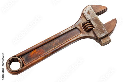 Adjustable wrench, worn and rusty, isolated on transparent or white background. photo