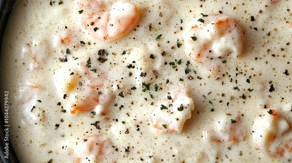 Close-up of creamy seafood soup with shrimp and herbs. Close-up of creamy seafood soup with shrimp and herbs.