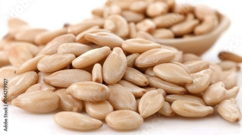 Close-up of a pile of light brown sesame seeds with a wooden spoon in the background.