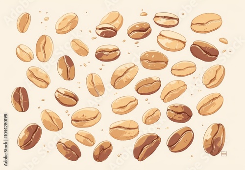 Hand-Drawn Illustration of Coffee Beans Floating in the Air Against a Pink and White Background, Featuring Simple Lines and Clipart Style with Margins.