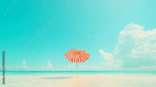 Red Stripe Umbrella Against Blue Sky, A vibrant beach scene featuring a red stripe umbrella casting shadows on sand, evoking a relaxing holiday atmosphere under a sunny sky