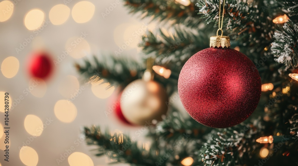 Red and Gold Ornaments on Christmas Tree Branches Red and Gold Ornaments on Christmas Tree Branches