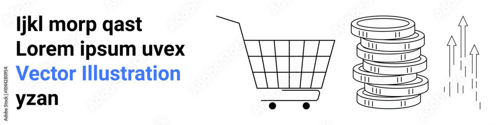 A shopping cart next to a stack of coins with upward arrows. Ideal for e-commerce, financial growth, investment, online shopping, and business success themes. Banner for landing page A shopping cart next to a stack of coins with upward arrows. Ideal for e-commerce, financial growth, investment, online shopping, and business success themes. Banner for landing page