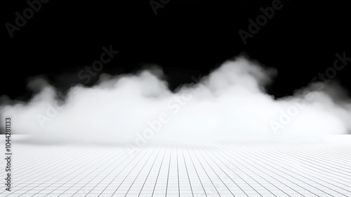 Ethereal Mist, a soft white fog envelops the ground, contrasting sharply with a deep black backdrop, creating a serene and mysterious atmosphere in the scene.