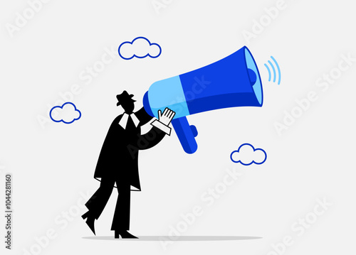 Person in business black suit and hat speaks into large megaphone. Vector flat illustration. Loud message, advertising, speaker, leader.