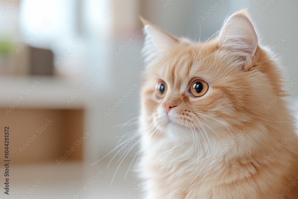 Close-up portrait of a fluffy orange cat with white chest and paws, looking to the right, sitting on a white surface.