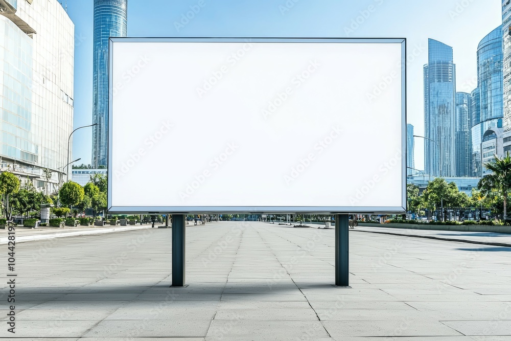 A large white billboard sits in the middle of a city square A large white billboard sits in the middle of a city square