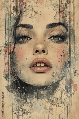 A captivating portrait blending natural elements and facial features showcasing beauty through artistic expression and subtle textures
